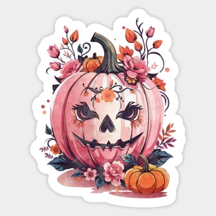 Pink Pumpkin face, with floral and orange flowers, cute Halloween Sticker